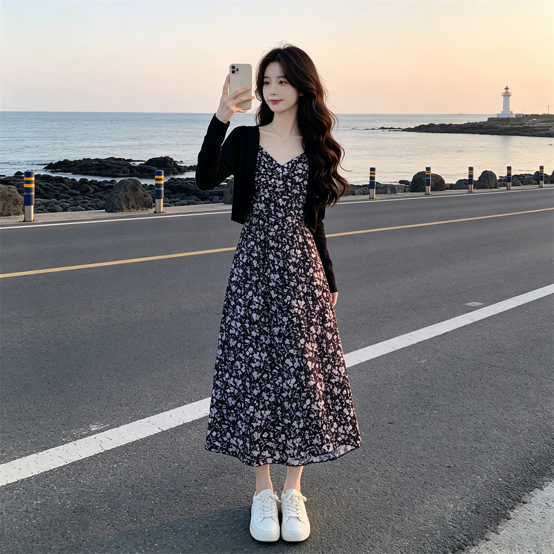 드레스 조기 봄 드레스 2026 새로운 패션 외국 가스 여성 의류 올해 인기 봄 가을 투피스 슈트 꽃무늬 치마