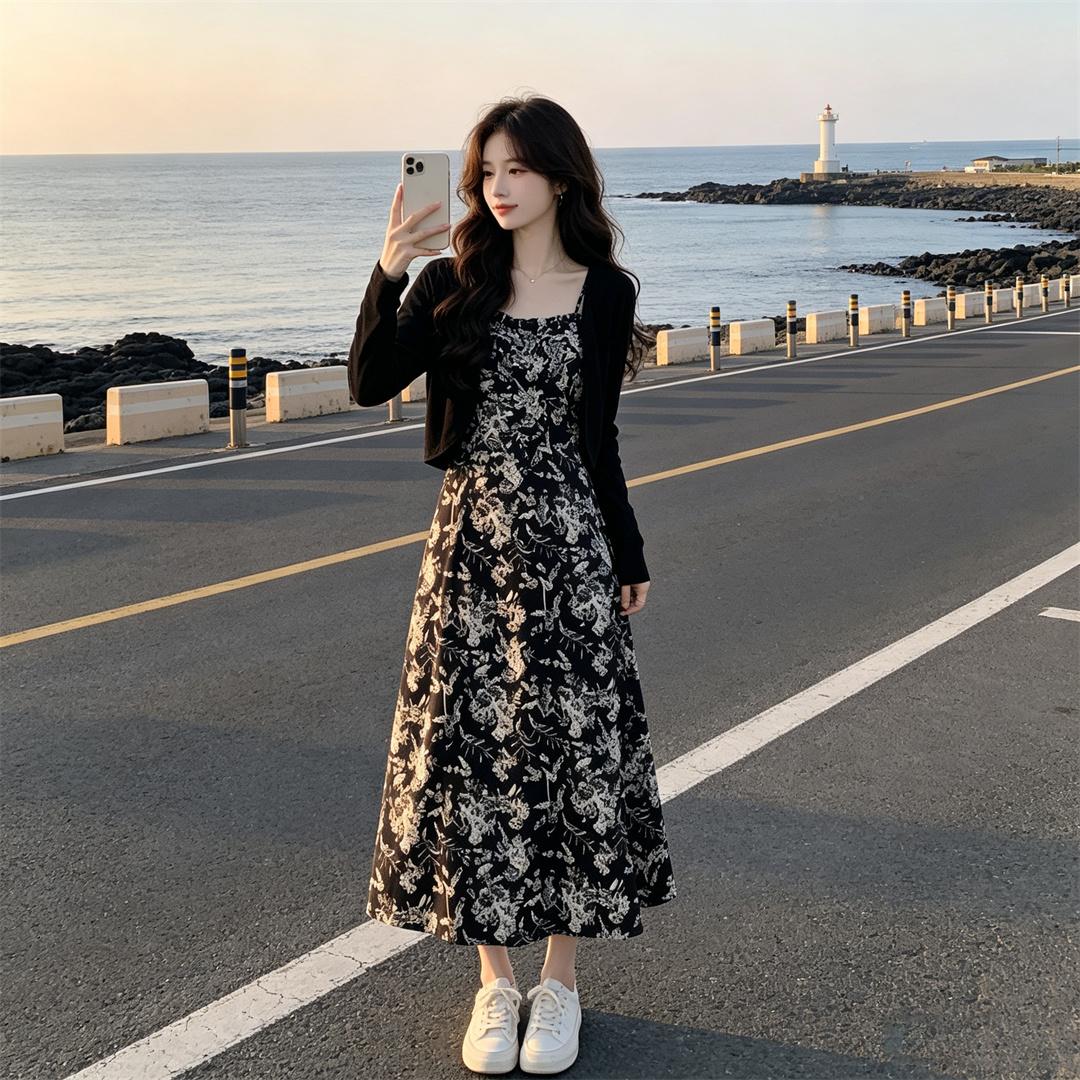 품격 여신 팬 꽃무늬 점프 슈트 치마 빛 요리 한 그는 벤 바람 니트 오픈 가디건 슬립 드레스 투피스 슈트 여성 봄 가을