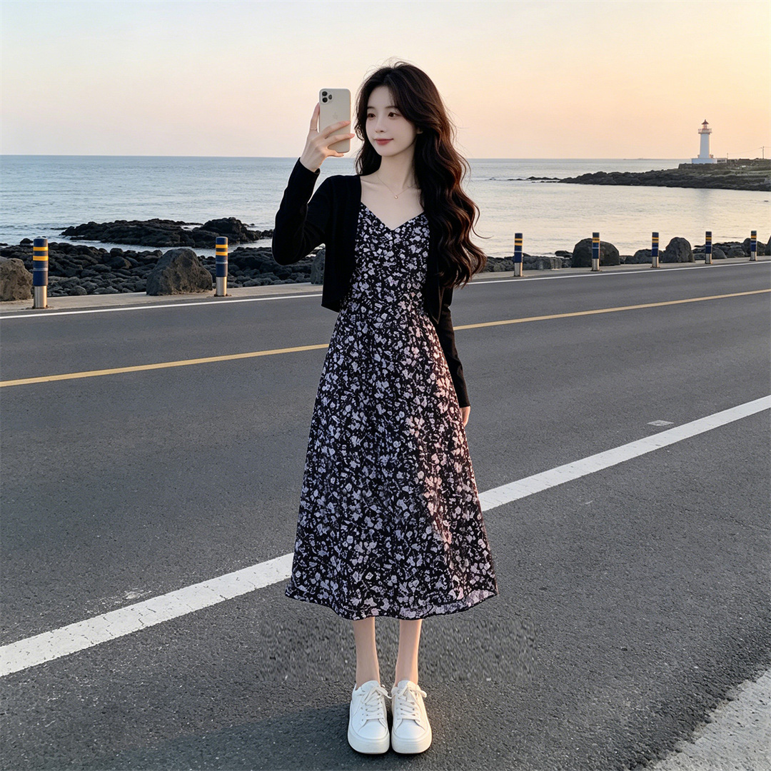 드레스 조기 봄 드레스 2026 새로운 패션 외국 가스 여성 의류 올해 인기 봄 가을 투피스 슈트 꽃무늬 치마