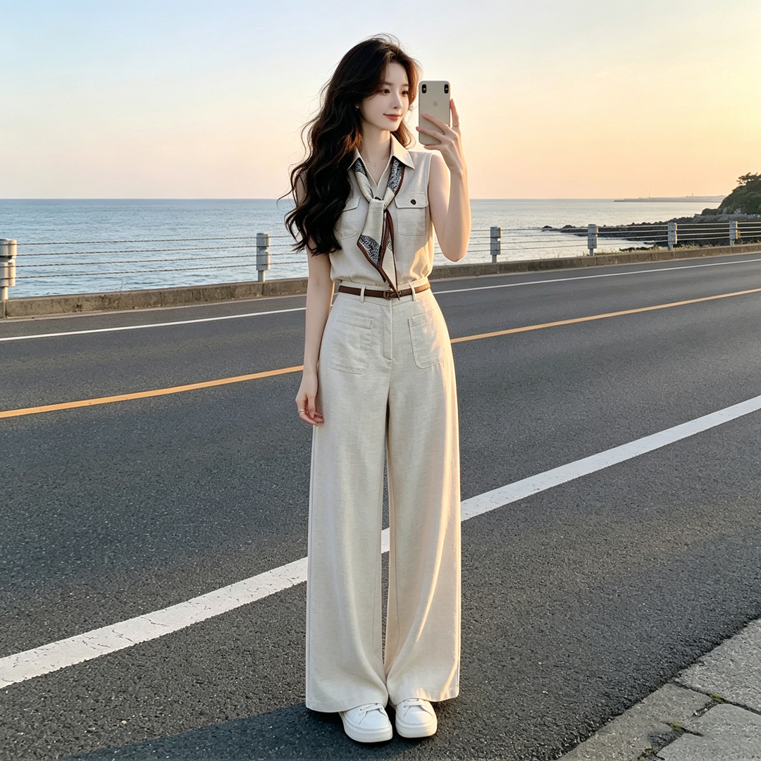 한 부서 오래된 돈 바람 아마 정장 베스트 민소매 맨위 하이웨이스트 와이드 레그 팬츠 투피스 슈트 여성 여름 전체 집합