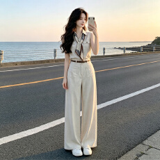 批发韩系老钱风亚麻西装马甲无袖上衣高腰阔腿裤两件套装女夏季一整套