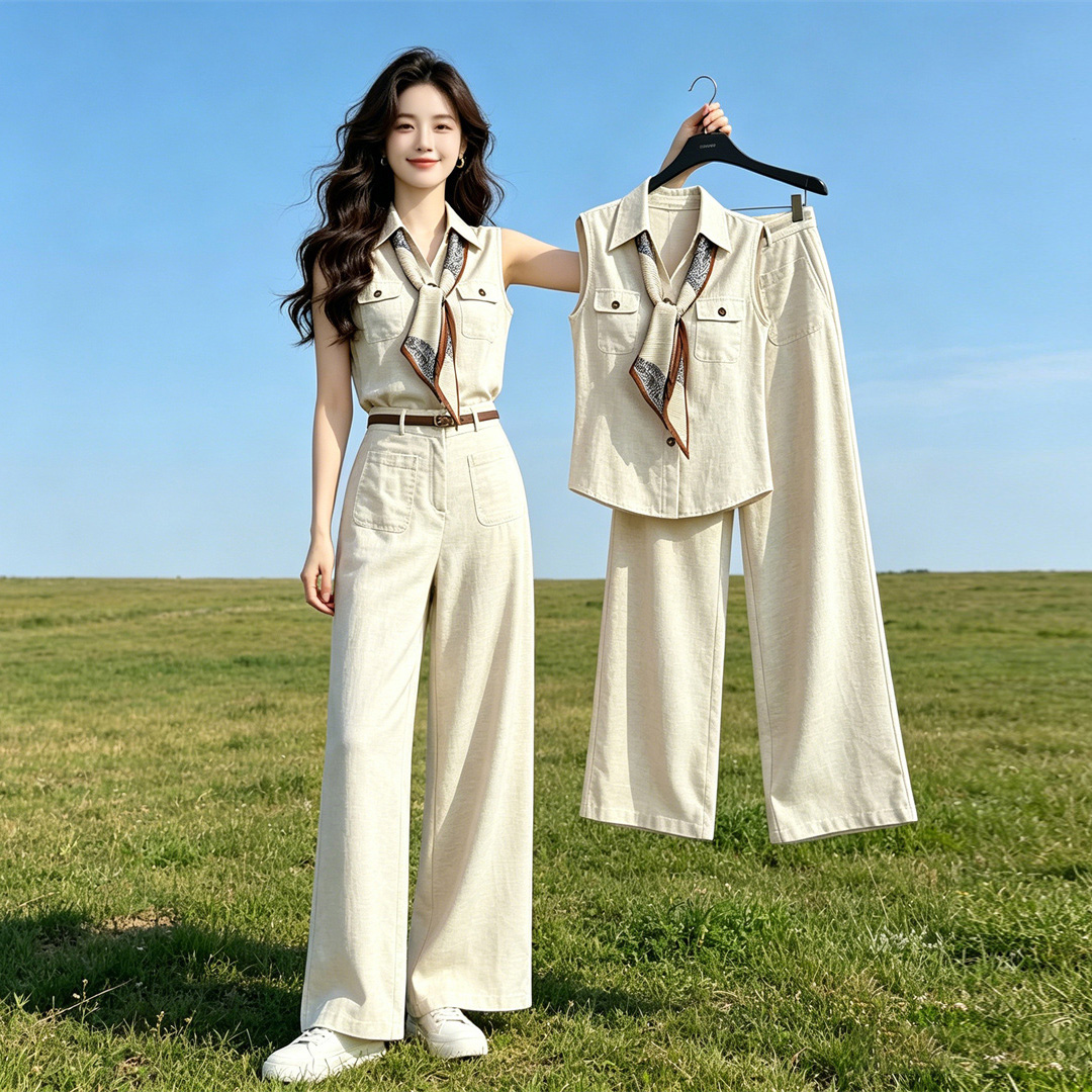 한 부서 오래된 돈 바람 아마 정장 베스트 민소매 맨위 하이웨이스트 와이드 레그 팬츠 투피스 슈트 여성 여름 전체 집합