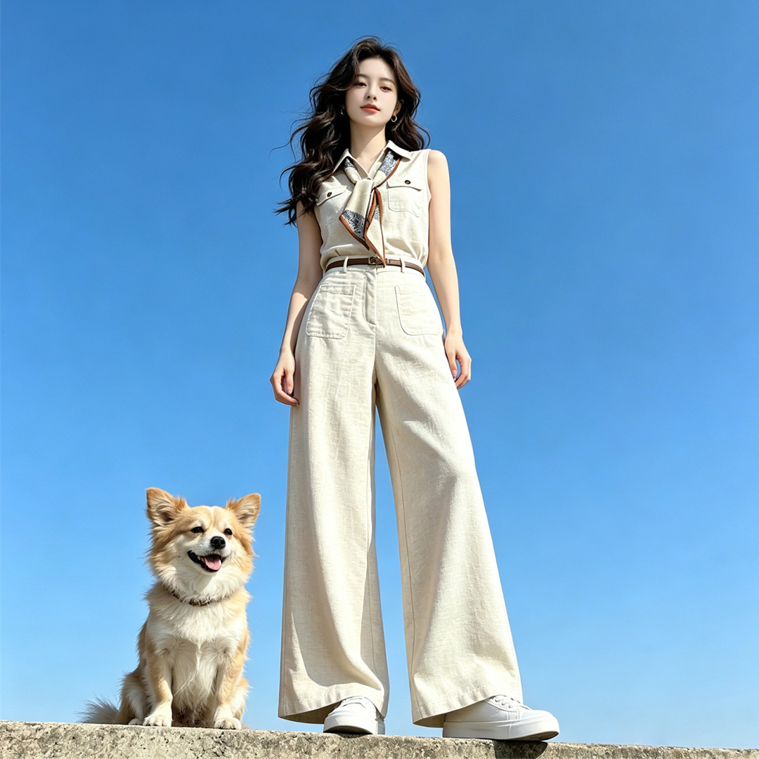 한 부서 오래된 돈 바람 아마 정장 베스트 민소매 맨위 하이웨이스트 와이드 레그 팬츠 투피스 슈트 여성 여름 전체 집합