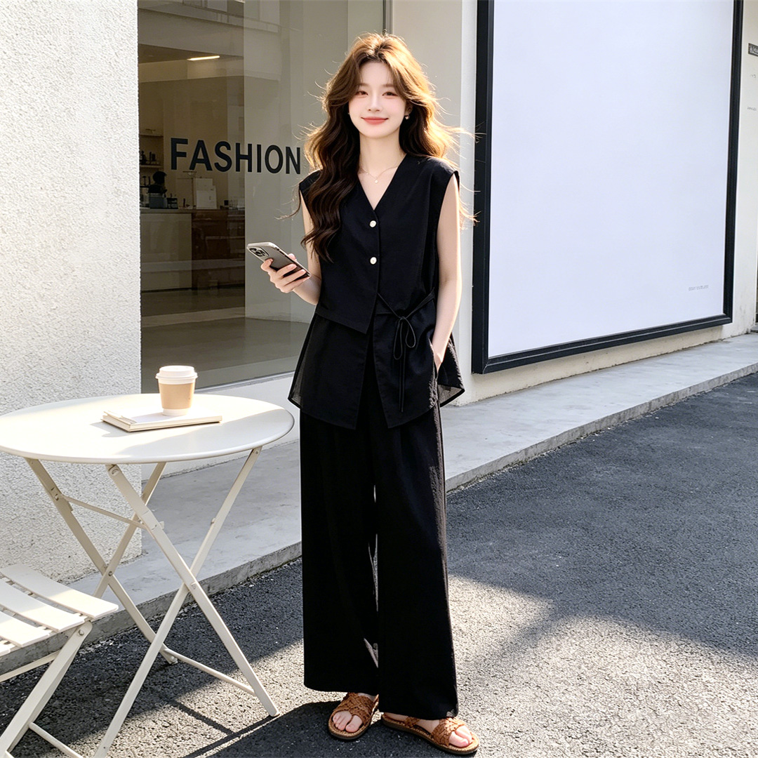 2026 새로운 망사 패치워크 검정색 셔츠 와이드 레그 팬츠 세트 여성 여름 투피스 세트 빛 요리 한 작은 대중 폭발 인기