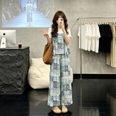 批发新款韩版设计感<b class='q'>雪纺</b><b class='q'>印花</b>t恤上衣休闲薄款夏季宽松阔腿裤两件套女