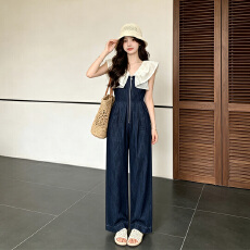 批发2026夏季<b class='q'>连体</b>裤女新款休闲设计感荷叶边V领连<b class='q'>衣裤</b>高腰直筒裤长裤