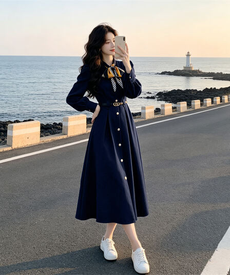 2026 년 새로운 프랑스식 작은 샤넬 스타일 중요 경우 아름다운 파란색 여성 드레스 특별 아름다운 꼬집기 허리 롱 스커트