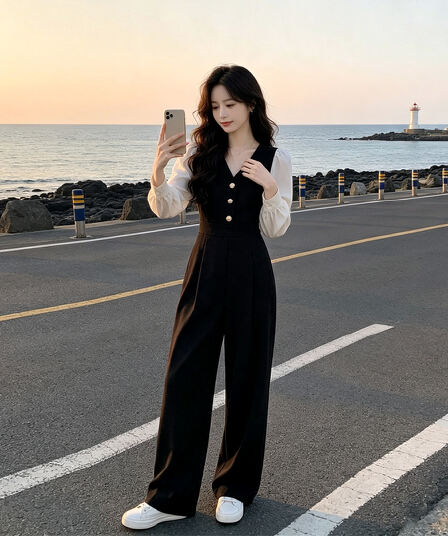 검정색 긴팔 올인원 바지 2026 봄 가을 새로운 허리 수축 슬림해 보이는 품격 다용도 고급 다리 바지 올인원 의류