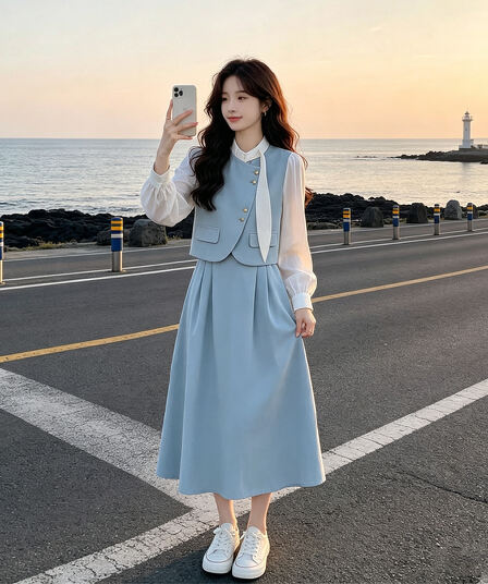 봄 가을 2026 새로운 페이크 레이어드 작은 샤넬 스타일 프랑스식 긴팔 여성 드레스 고급 센스 루즈핏 품격 롱 스커트