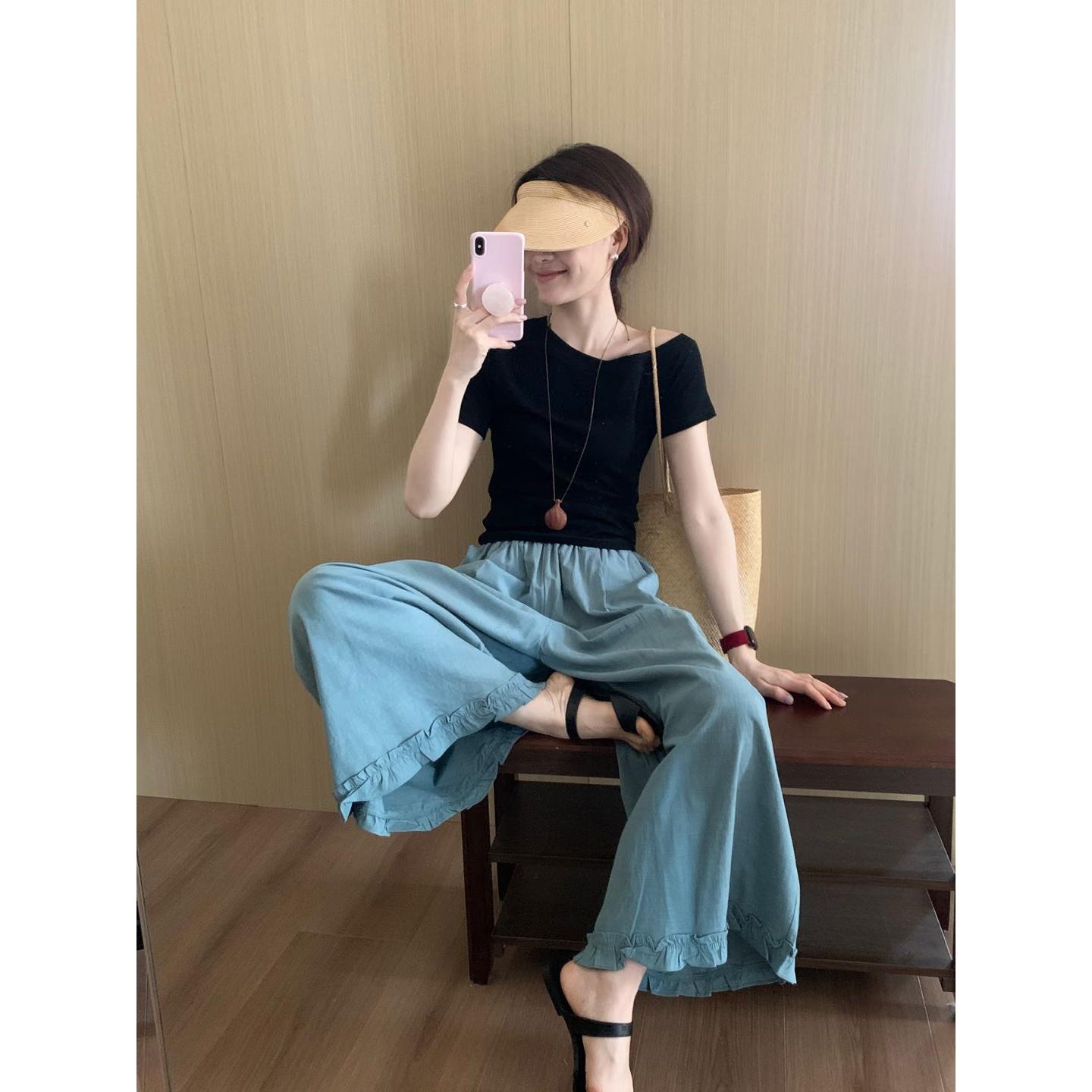 도파민 귀여운 순수한 욕망 바람 인터넷 유명인 튀김 거리 여성 의류 천 골드 감기 달콤함 몸매 가꾸기 맨위 캐주얼 와이드 레그 팬츠