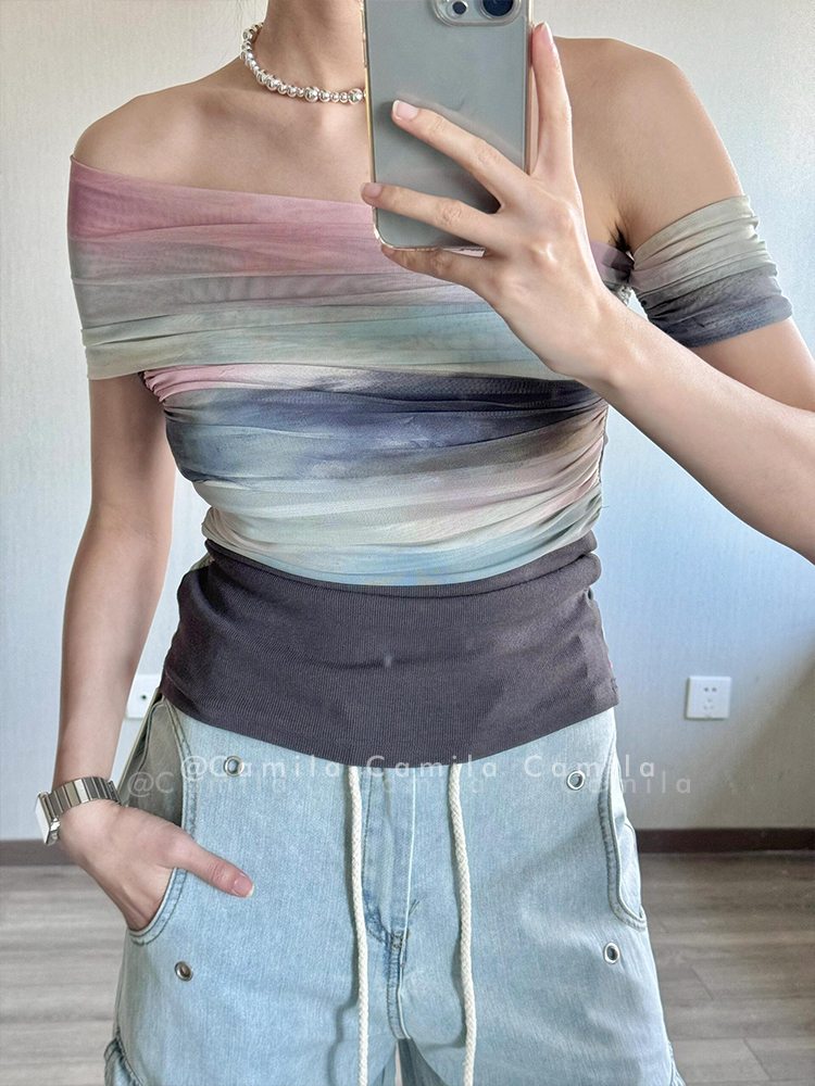 예술 헤일로 염색 망사 작은 대중 디자인 센스 비대칭 패치워크 오프숄더 티셔츠 여성 핫걸 민소매 튜브탑 맨위