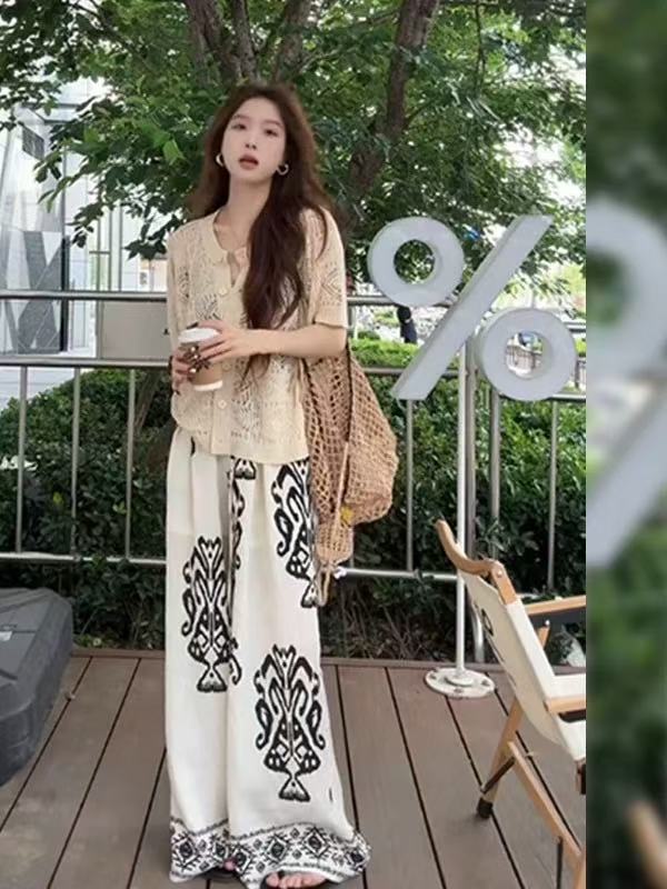 패션 품격 디자인 센스 니트 홀로우 아웃 오픈 가디건 맨위 여름 루즈핏 도루 센스 레트로 다용도 슬림해 보이는 긴 바지 여성