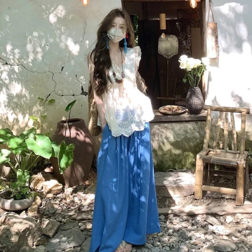 여름 새로운 휴가 바람 전원 개성 착용 가져 가라. V넥 레이스 측면 작은 날다 소매 마이크로 ~을 통해 의류