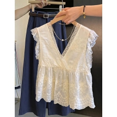 批发自留爆款推荐氛围感重工蕾丝刺绣衬衫女夏季V领飞飞袖气质上衣