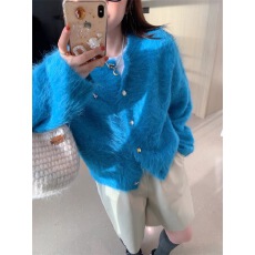 批发theWangs克莱因蓝色针织开<b class='q'>衫</b>女秋冬进口定染羊驼毛毛衣外套小个子