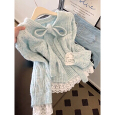 批发2025年秋冬季新款<b class='q'>韩版</b>甜美可爱蝴蝶结设计蓝色套头针织衫<b class='q'>毛衣</b>软糯