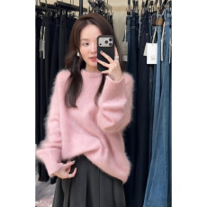 批发韩系慵懒风<b class='q'>高级</b>感套头圆领马海毛软糯粉色厚毛衣女冬季可外穿内搭