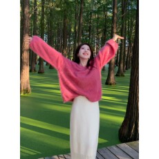 批发奶fufu树莓粉色马海毛毛衣女秋冬韩版慵懒<b class='q'>高级</b>感浣熊绒针织衫内搭