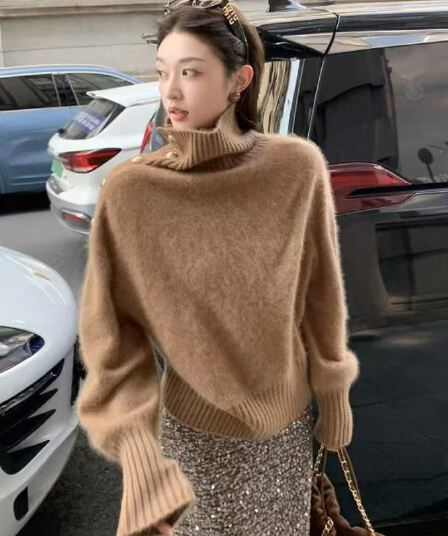 부드러운 찹쌀 부드러운 바람 모헤어 터틀넥 스웨터 여자 겨울 느긋한 디자인 센스 측면 버클 폴로 칼라 니트 스웨터 맨위 두꺼움