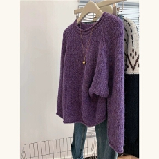 批发<b class='q'>高级</b>感葡萄紫卷边圆领毛衣女2025秋冬新款慵懒感软糯针织衫上衣