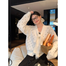 批发波点仿水貂毛衣开衫女秋冬韩系蝴蝶结绑带气质宽松绝美外套