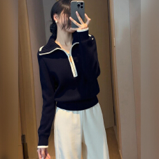 设计感撞色半拉链针织衫慵懒百搭长袖毛衣2025冬季减龄时髦打底衫