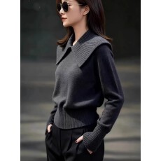 批发灰色大翻领套头<b class='q'>针织</b>衫毛衣女2025秋季新款时尚通勤洋气娃娃领<b class='q'>上衣</b>