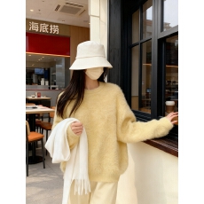 批发仿貂毛套头黄色毛衣<b class='q'>女</b>秋冬新款温柔软糯宽松慵懒风圆领上衣外穿厚