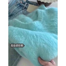 批发秋冬新款湖蓝色马海毛宽松慵懒风加厚毛衣女外穿圆领套头内搭上衣