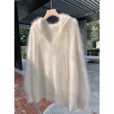 批发奶呼呼软糯白色毛衣女2025秋<b class='q'>冬</b>新款韩系慵懒松弛感连帽针织衫上衣