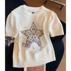 批发法式小香风五角星刺绣烫钻针织短袖女2026春<b class='q'>新款</b>小众时髦百搭上衣