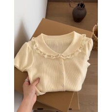 批发法式复古蕾丝花边翻领针织衫女2026夏季<b class='q'>新款</b>修身显瘦百搭短款上衣