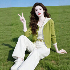 批发草绿色连帽拼接假两件针织开衫2026春季法式清新软糯高级感上衣女