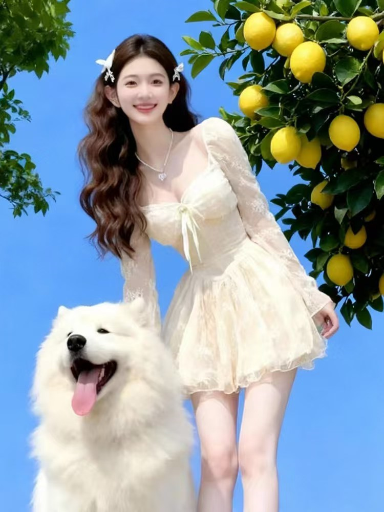 프랑스식 부드러운 바람 자이언트 잘 생긴 2026 봄 허리 수축 슬림해 보이는 레이스 치마 청 순수한 시스템 乖離 자매 착용 가져 가라. 드레스