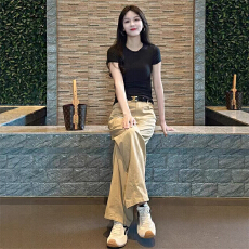 批发夏季减龄穿搭一整套韩版简约通勤短袖T恤宽松<b class='q'>时尚</b>休闲阔腿裤套装