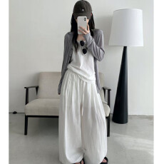 批发老钱风松弛感亚麻<b class='q'>拖地</b>裤+舒适透气T桖垂感针织外套夏季休闲三件套