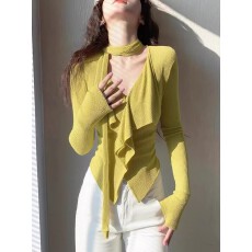 批发柃檬黄长袖T恤2026新款绝美巨好看收腰显瘦<b class='q'>荷叶边</b>气质女神范上衣