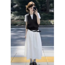 批发小个子穿搭一整装夏季独特绝美巨好看打底衫波点背心半身裙三件套