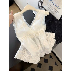 批发纯欲风性感蕾丝花边提花刺绣小衫女夏季绝美<b class='q'>高级</b>重工V领无袖上衣