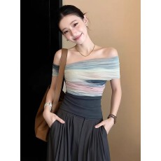 批发绝美晕染网纱拼接一字肩上衣女2026<b class='q'>新款</b>夏季高级感褶皱收腰t恤衫