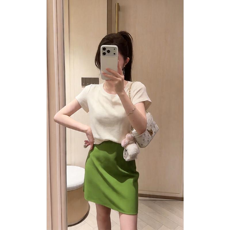 2026 여름 새로운 여성 한 부서 착용 가져 가라. 라운드 넥 다용도 반팔 맨위 품격 하이웨이스트 슬림해 보이는 한 마디 반신 스커트