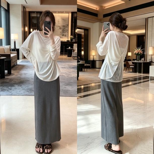 한 부서 뒤로 홀로우 아웃 레이스 조각 자외선 차단 의류 패션 긴팔 티셔츠 트임 하이웨이스트 반신 스커트 투피스 세트