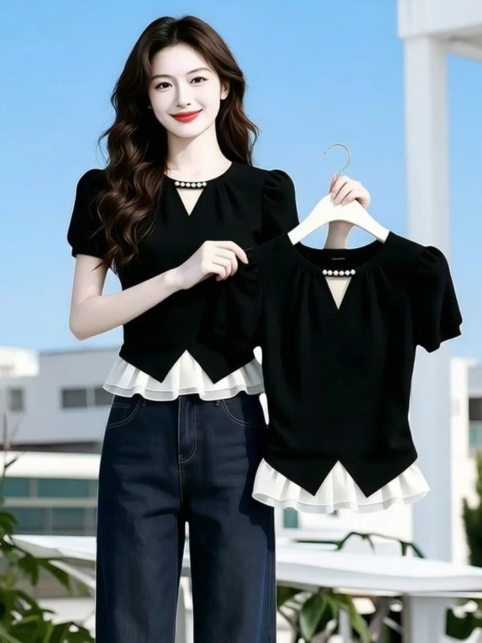 프랑스식 작은 샤넬 스타일 V넥 반팔 티셔츠 여성 2026 새로운 거품 소매 프릴 여름 아름다운 장난기 넘치는 맨위