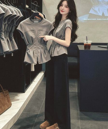회색 라운드 넥 허리 수축 핀치 Pleat 반팔 티셔츠 여성 여름 긍정적 인 어깨 슬림해 보이는 표지 고기 맨위 빛 연 부서 빛 요리 한 착용 가져 가라.