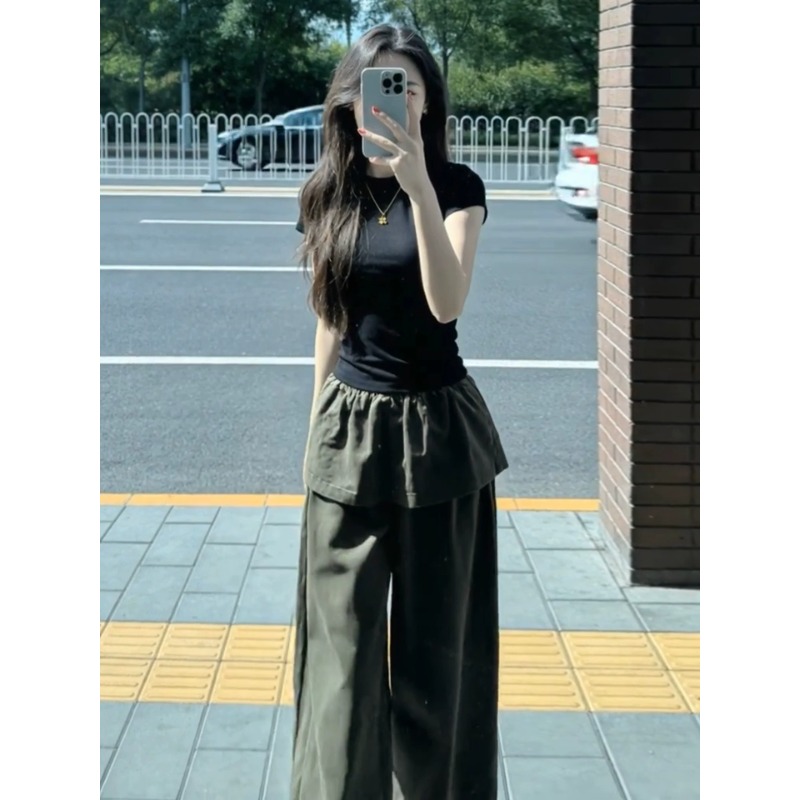 한 부서 그레이트 통해보기 가져 가라. 전체 집합 2026 새로운 반팔 티셔츠 여성 여름 군용 녹색 와이드 레그 팬츠 어린이 세트