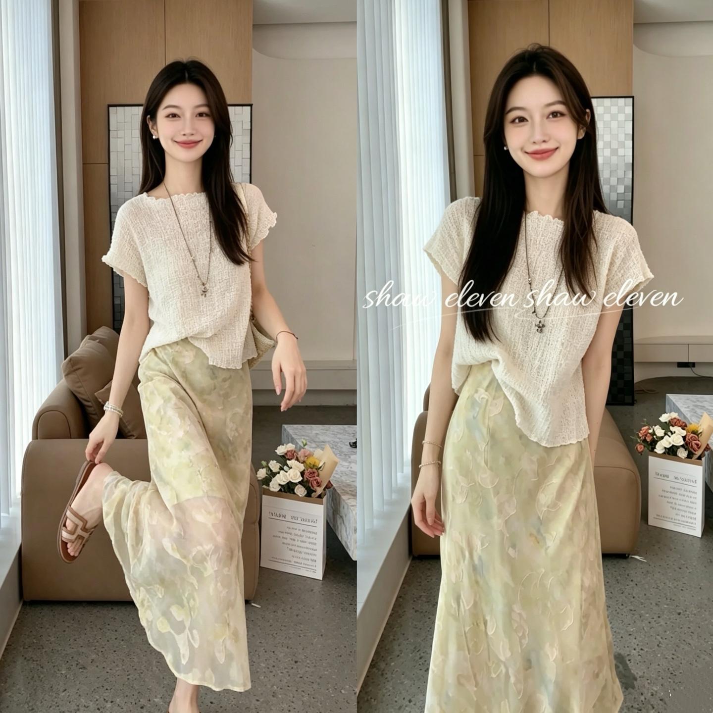 여름 부드러운 부서 착용 가져 가라. 전체 집합 2026 새로운 프릴 디자인 반팔 맨위 슬림해 보이는 반신 치마 세트