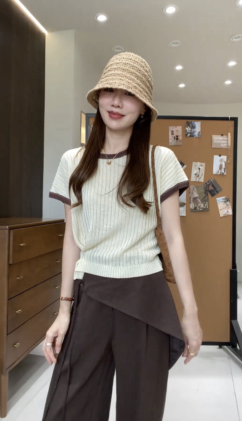 골드 샤 징 직접 만든 여성 의류 니트 스웨터 여름 한 부서 미니멀리즘 라운드 넥 쇼트 스타일 작은 셔츠 플러스 캐주얼 바지 세트