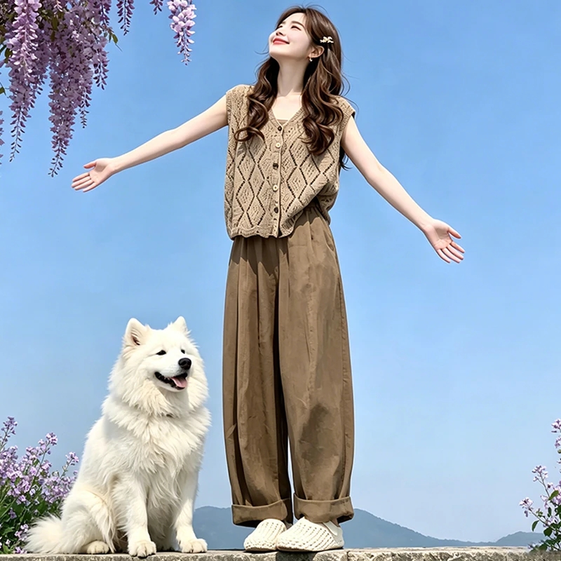 느슨함 센스 캐주얼 세트 여성 2026 여름 새로운 패션 외국 가스 베스트 블라우스 조끼 와이드 레그 팬츠 3종 세트