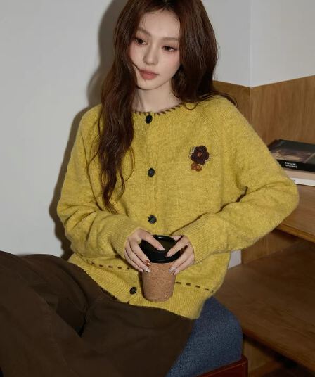 홈 황색 스웨터 여자 겨울 두꺼움 모직물 오픈 가디건 맨위 고급 루즈핏 재킷 수 있습니다. 외출용 니트 스웨터