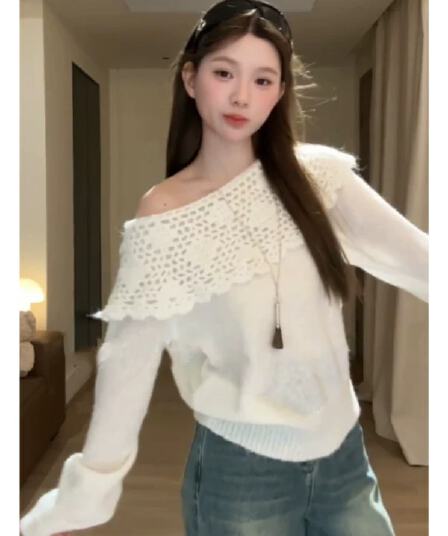 자이언트 잘 생긴 ~ 중 빛 요리 한 이른 가을 프랑스식 홀로우 아웃 오프숄더 스웨터 여자 가을 겨울 느긋한 바람 오프숄더 니트 스웨터 맨위